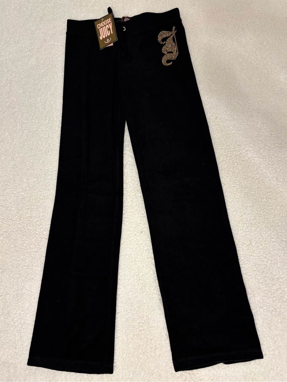 NWT Juicy Couture Y2K Black Velour Track Pants with Gold Logo Accent